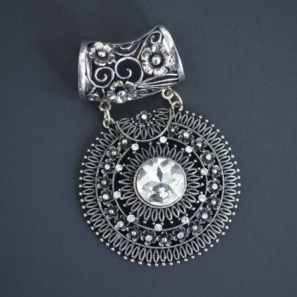 GB Signed Large Silver Gunmetal Necklace Pendant with CZ Stone